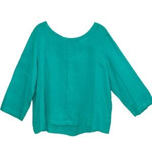 NICOLE MILLER NY 100% Linen Top Large Turquoise Teal Blue Tunic Back Buttons EUC